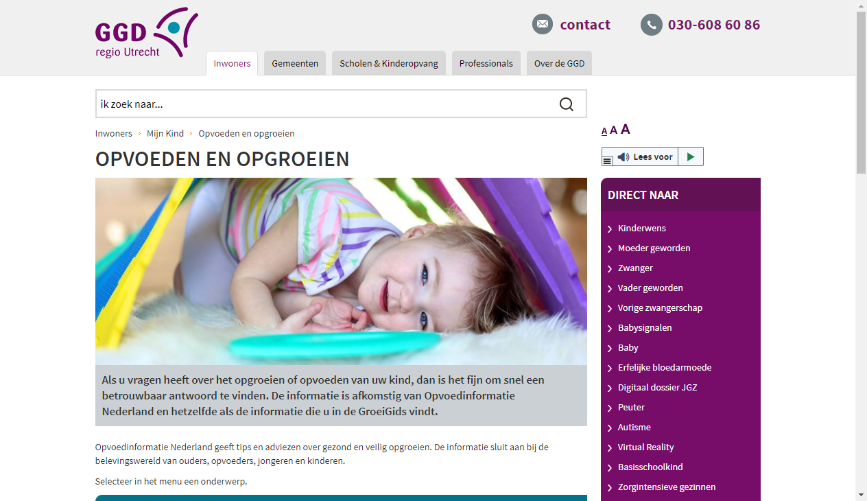 Screenshot website GGD Regio Utrecht