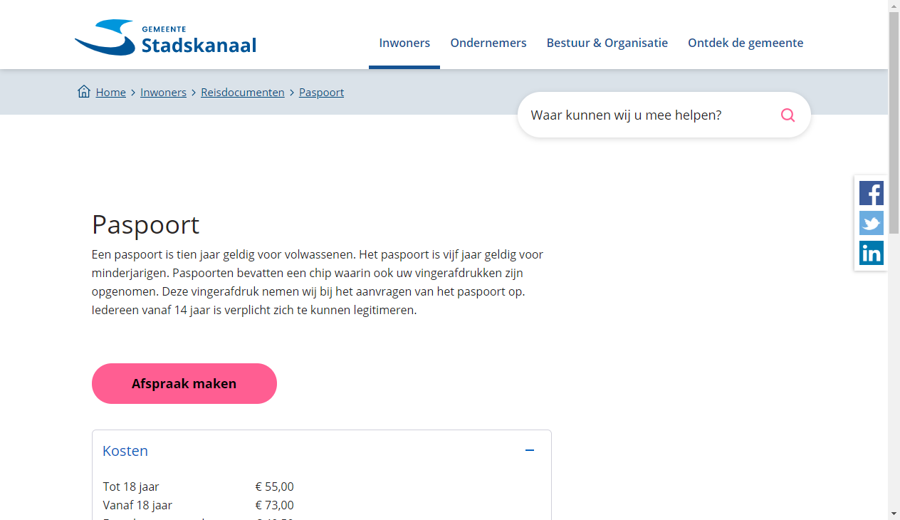 Screenshot website Gemeente Stadskanaal